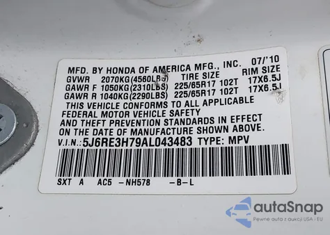 2010 Honda Cr-V Ex-L from USA, damaged, VIN 5J6RE3H79AL043483